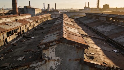 Fototapeta premium Weathered industrial rooftops with oxidized metal textures captured from above by professional drone photography.