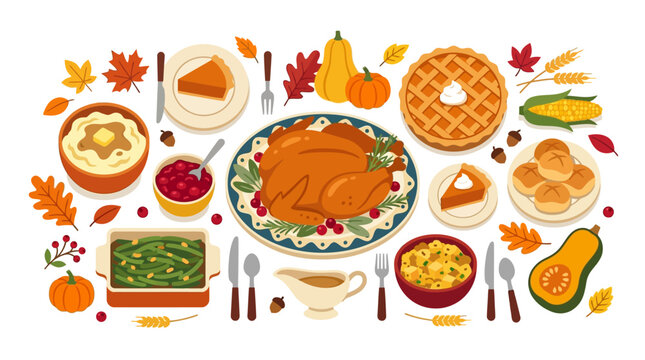 Roasted turkey, pumpkin pie, cranberry sauce, mashed potatoes, green beans  perfect for thanksgiving or holiday meal concept. Festive and delicious.