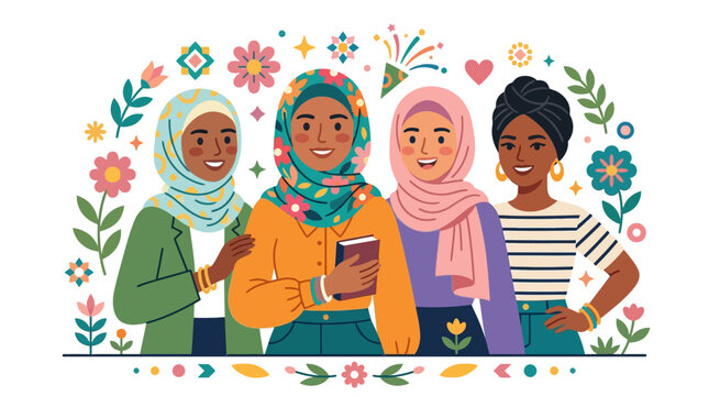 Diverse women in colorful headscarves surrounded by decorative floral patterns, suitable for greeting cards, posters, invitations, and cultural celebrations.