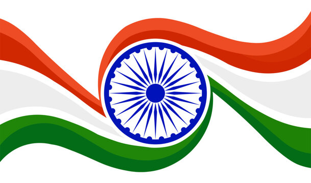 Vibrant illustration of the Indian flag with saffron white and green bands and a navy blue chakra on a white background