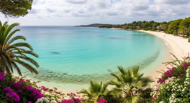 Turquoise Tropical Beach Bay Framed by Palm Trees and Flowers on Sunny Coast
