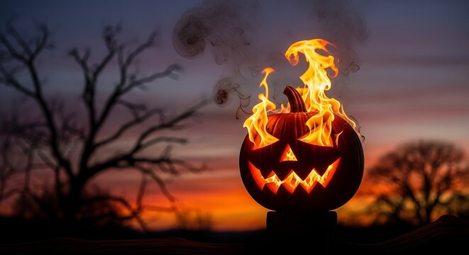 Burning Jack O Lantern Pumpkin Glowing at Spooky Halloween Sunset