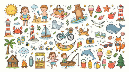 Obraz premium Summer vacation doodle collection with cute characters and travel icons.