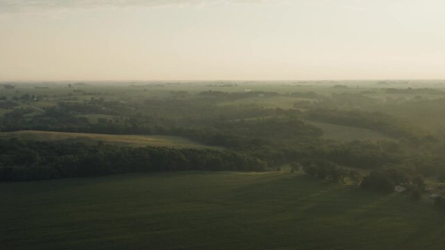 Wide aerial shot of a slow morning in rural Iowa