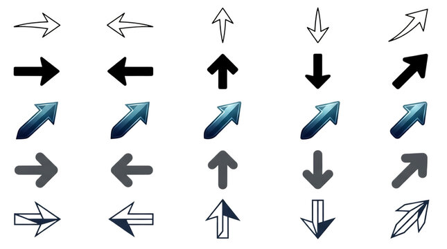 Set of various arrow icons in different styles and directions isolated on transparent background