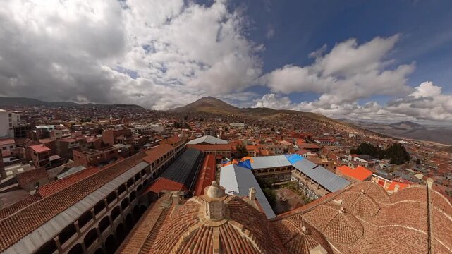 Panoramic view of Potosi cityscape with Cerro Rico mountain from San Francisco convent roof, Bolivia