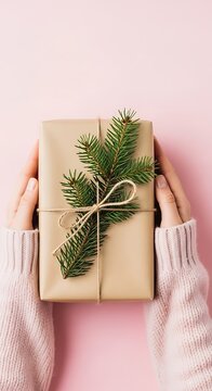 Wrapped Holiday Gift with Evergreen Branch Held by Hands on Pink Background