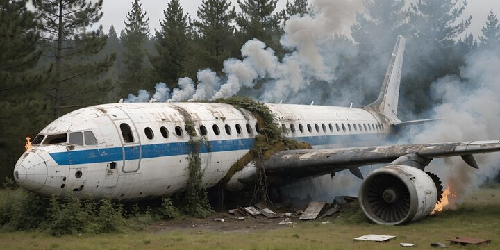 Wrecked White Airplane Fuselage And Detached Jet Engine Overgrown With Ivy With Rising Smoke And Flames Resting In Grassy Clearing Beside Dense Forest Trees In Abandoned Wreckage Scene