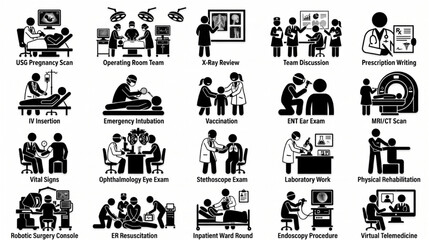 Obraz premium Medical Procedure Icons Collection Hospital Doctor Silhouette Vector Pack