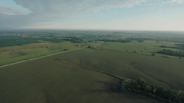 Wide aerial shot of land in rural iowa