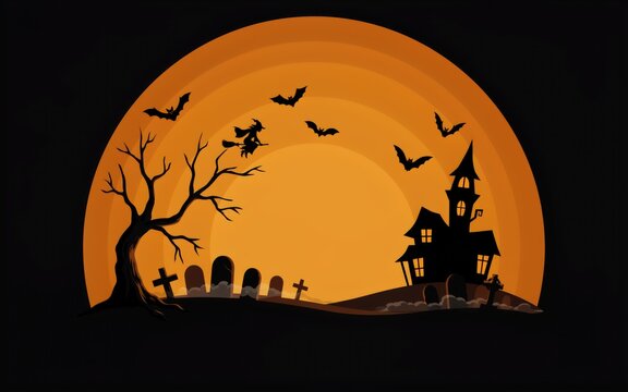Halloween scene with full moon, bats, and haunted house
