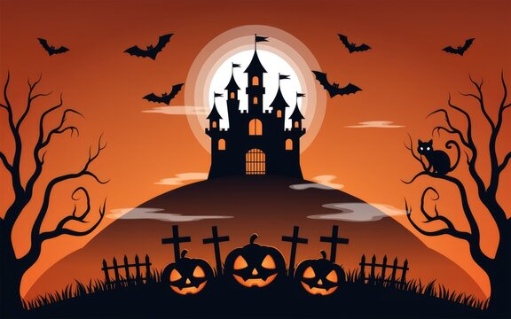 Haunted castle with jack o lanterns under a full moon at night