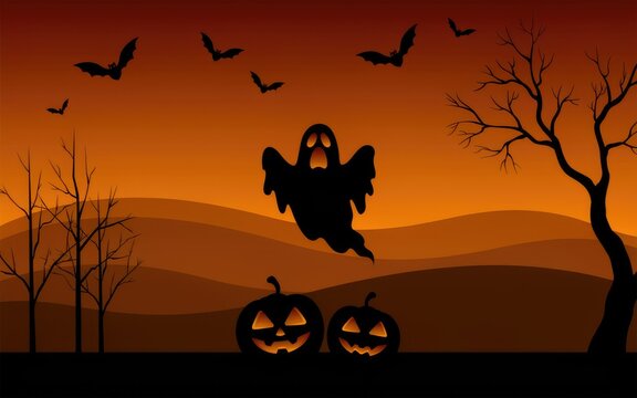 Halloween bat flying over jack o lanterns at sunset
