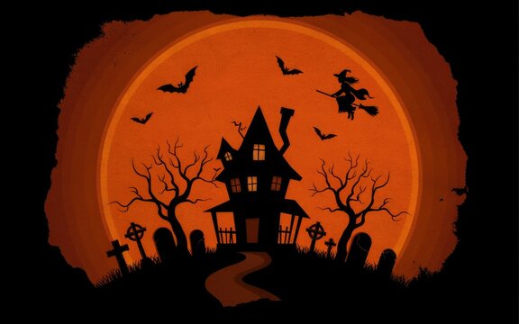 Halloween haunted house with flying witch and bats under full moon