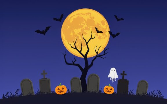 Halloween scene with jack o lanterns, ghost, moon, and graveyard