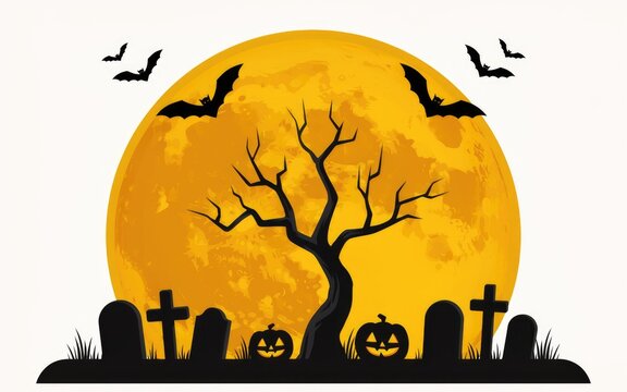 Halloween scene with jack o lanterns and a full moon