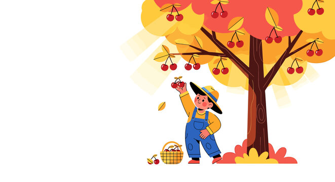 Cute cartoon illustration of a young boy picking fresh red cherries from a tree in autumn.