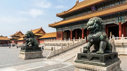 Fototapeta premium Bronze Guardian Lion Statues Standing Before Traditional Chinese Palace Courtyard