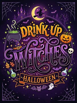 Colorful Halloween Witch Typography Poster with Cauldron Pumpkin Bats and Moon