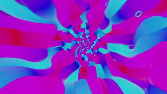 Hypnotic seamless loop of a futuristic organic tunnel. Abstract digital vortex made of twisting biomorphic shapes, liquid drop structures and floating particles, creating deep micro world perspective