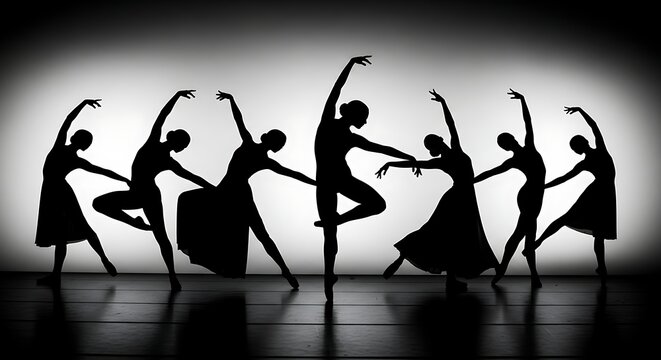 Graceful Ballet Dancer Silhouettes Performing on Dramatic Stage