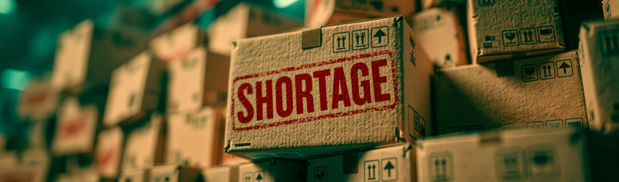 Cardboard Boxes with Shortage Stamp: A close-up view of stacked cardboard boxes, one prominently featuring a red SHORTAGE stamp, symbolizing supply chain issues and scarcity.