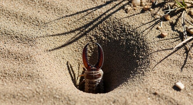 Brown Antlion Larva Waiting in Sandy Pit Trap on Sunlit Desert Ground