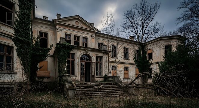 Abandoned Historic Mansion Standing Overgrown Under Stormy Sky