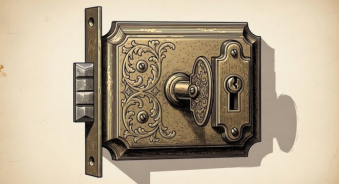Ornate Antique Door Lock Displayed on Aged Paper Background