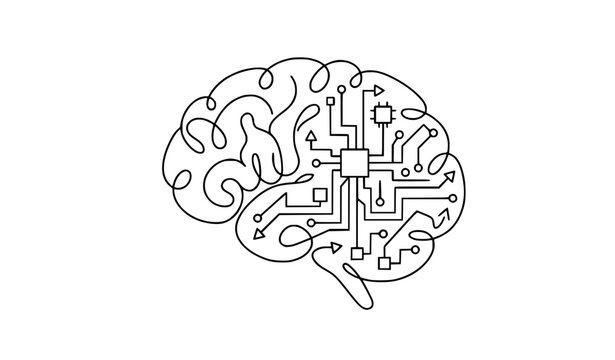 Digital brain circuit board one line drawing for AI technology and machine learning vector EPS illustration
