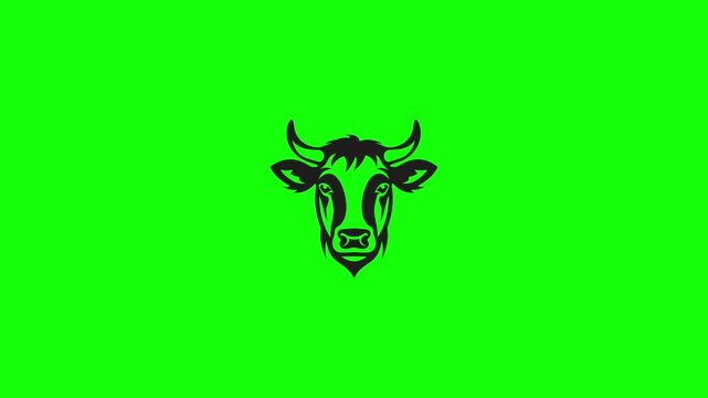 Black silhouette of a cow head isolated on a bright green background for graphic design projects