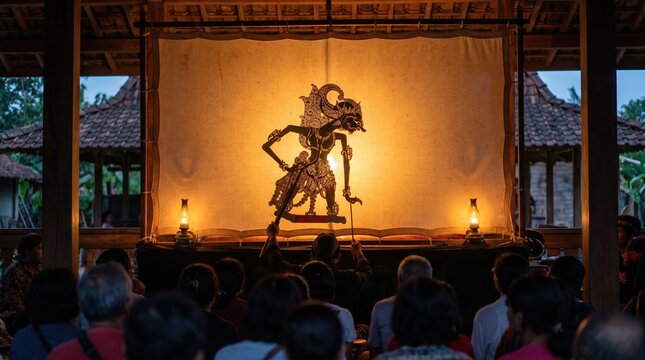 Wayang kulit shadow puppet silhouette against warm amber backlit screen during traditional Javanese performance with audience