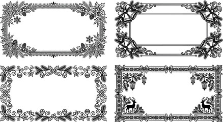 Set of four rectangular christmas decorative frames with holly, pine cones, bells, ornaments, lanterns, and reindeer, vintage style black and white vector illustrations transparent background © SampaRani