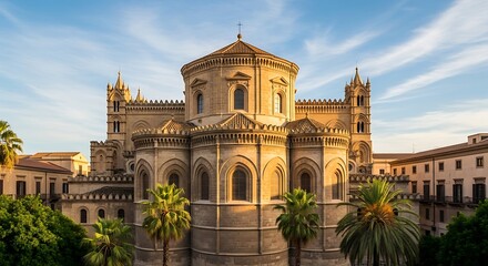 Fototapeta premium Historic Stone Cathedral Glowing in Warm Sunlight Among Palm Trees