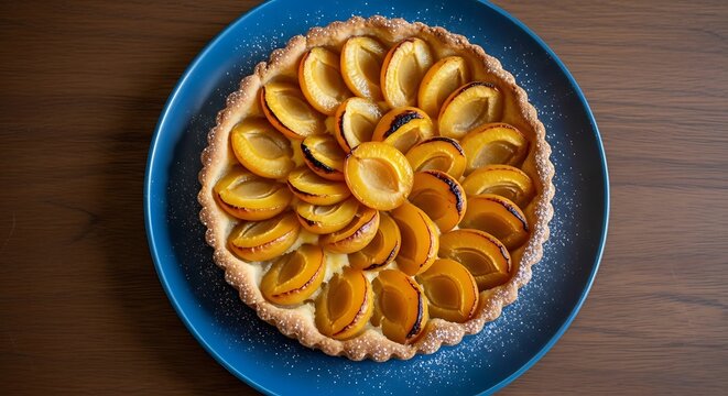Golden Apricot Tart Arranged on Blue Plate on Wooden Table