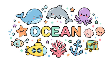 Fototapeta premium Cute Kawaii Ocean Creatures and Sea Life Illustration.