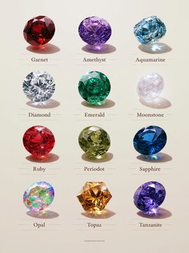 Complete 12 birthstones collection chart with names, all months precious gemstones
