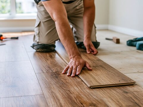 Hands laying down a new vinyl plank floor during home renovation construction