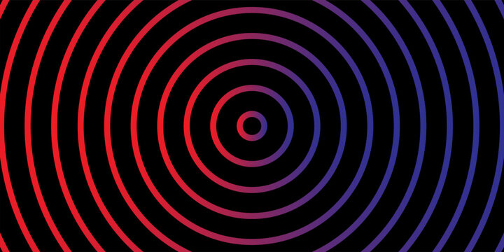 Abstract background with red and blue gradient concentric circles line pattern on black background. Optical illusion radial design for modern tech banner, futuristic music poster template.