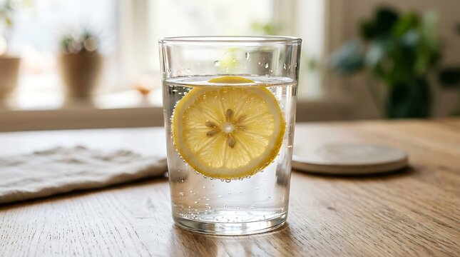 Fresh Lemon Slice Floating in Clear Water Glass on Wooden Table
