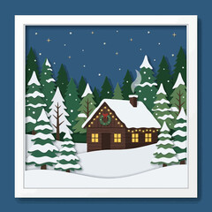 Obraz premium Cozy log cabin in snowy forest with Christmas lights and wreath, starry night