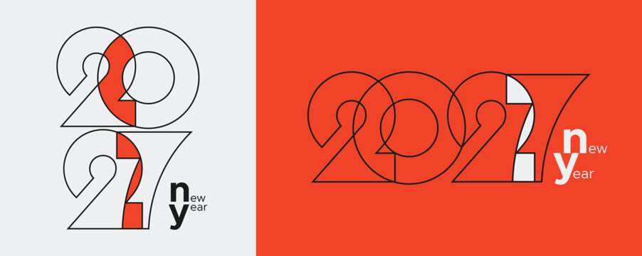 Minimal Geometric Line Art 2027 Happy New Year Typography Poster Design