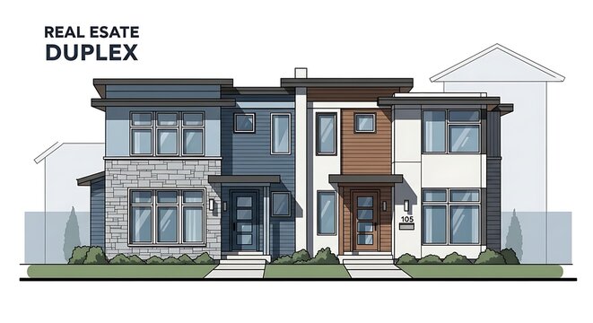 Modern Duplex House Facade Illustrated in Real Estate Concept Layout
