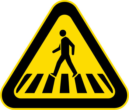 A pedestrian crossing sign with a person walking on a zebra crossing road