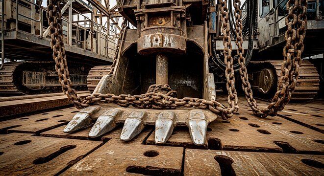 Rusty Excavator Bucket with Heavy Chains on Industrial Construction Site