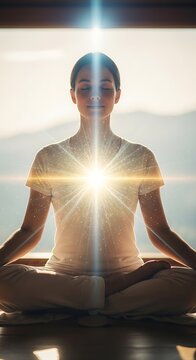Serene Young Woman Meditating with Glowing Light in Peaceful Mountain Interior