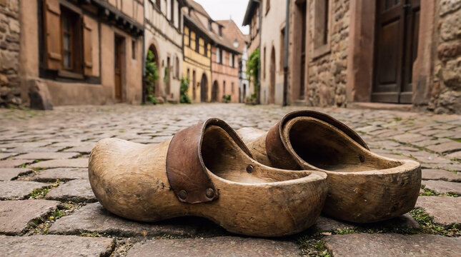 Traditional Wooden Clogs on Old Cobblestone Street in European Village