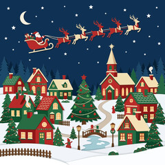Obraz premium Santa Claus flying sleigh over snowy village, Christmas scene