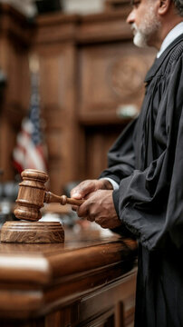 Justice Served: A stern judge in traditional robes presides over a courtroom, gavel in hand, ready to deliver a verdict in a scene embodying law and order.