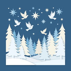 Obraz premium Winter landscape with doves and stars